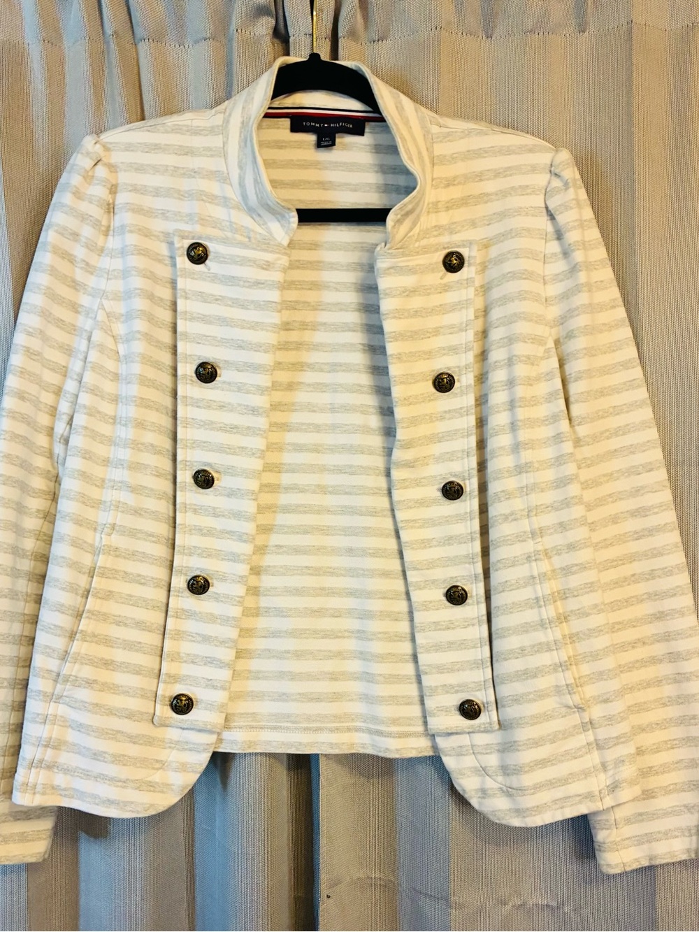 Tommy Hilfiger Cream and Light Gray Striped Military-Style Blazer large